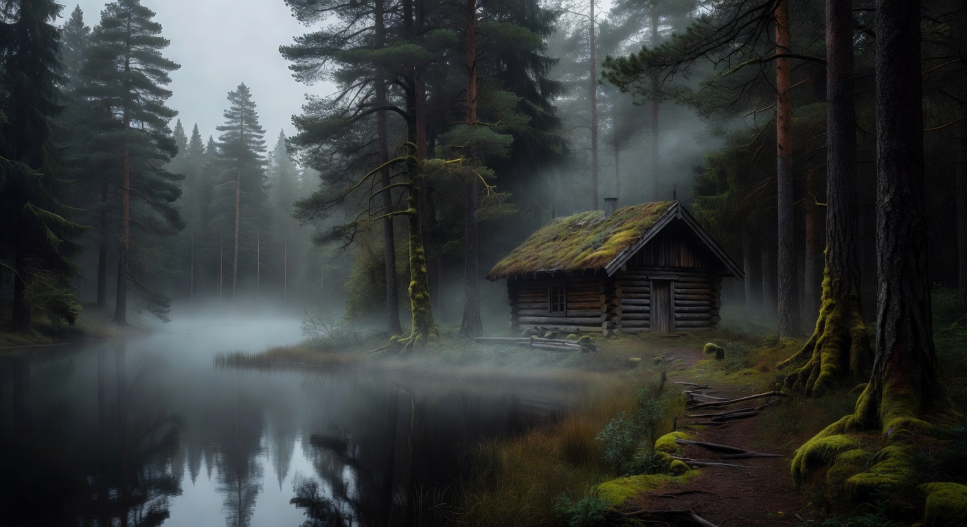 Cabin nestled deep within a misty Nordic pine forest
