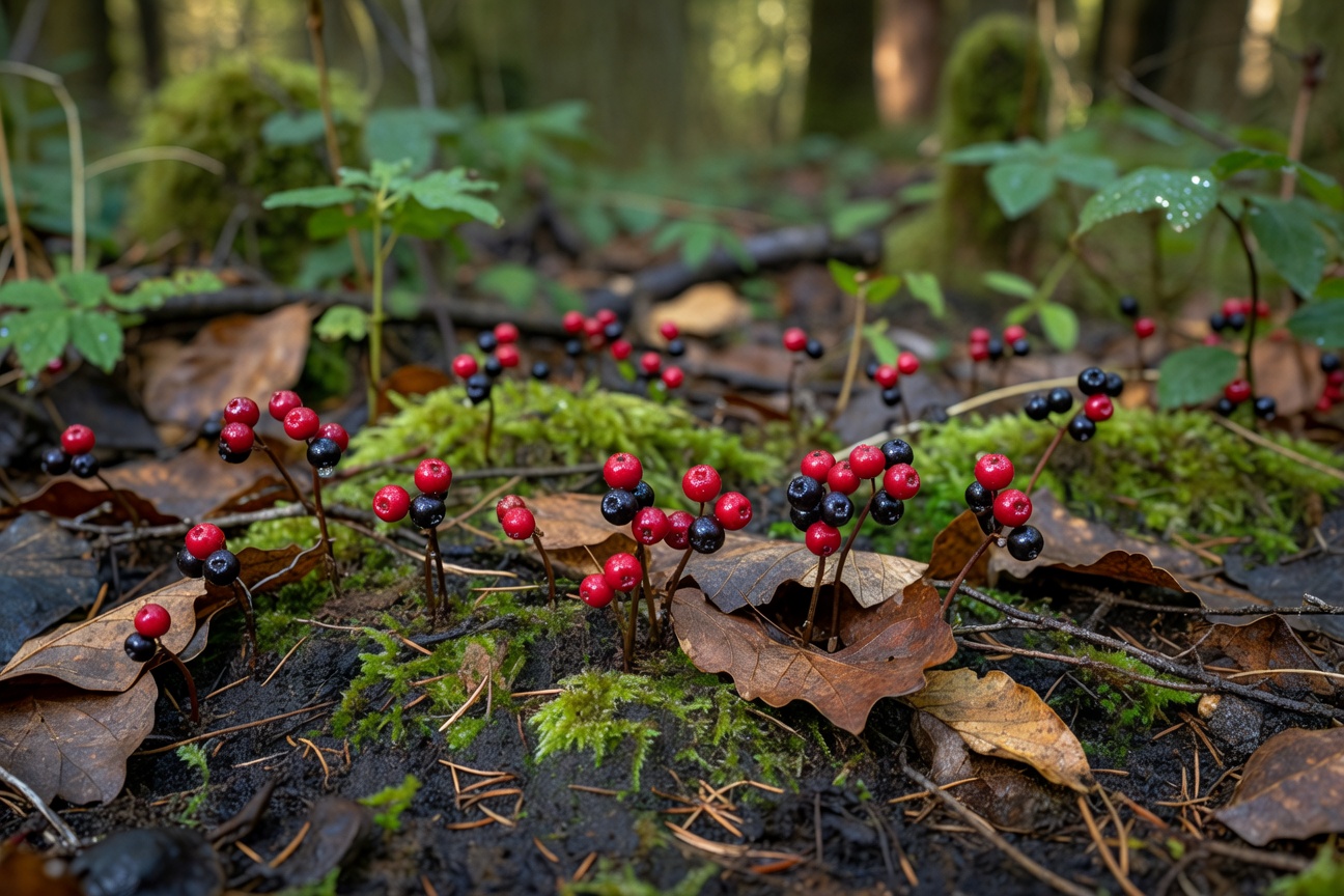 Close up of wild berries growing on the forest floor