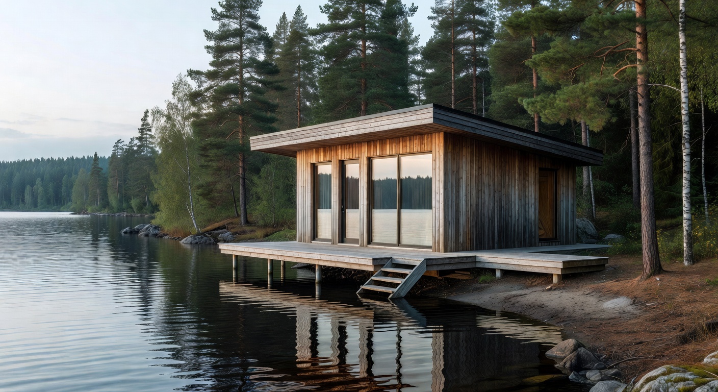Exterior view of a modern wooden lake cabin in Finland