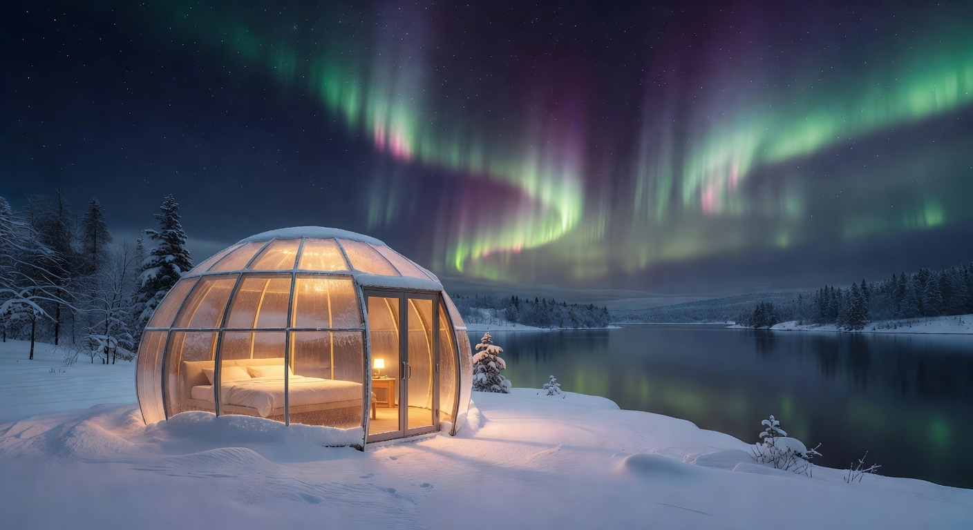 Glass igloo glowing warmly against a snowy winter night sky