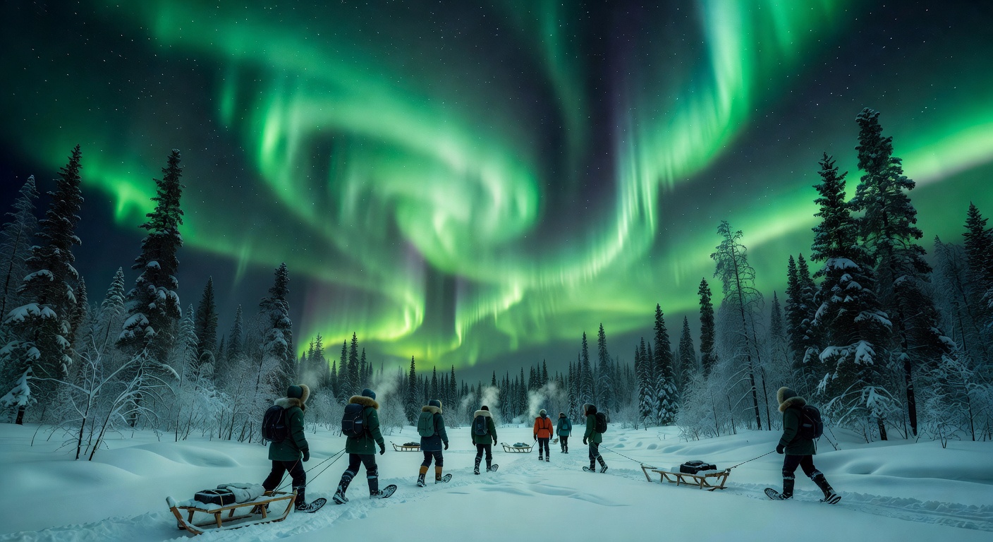 Glowing green Northern Lights in the dark winter sky