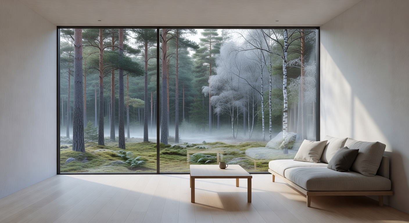 Minimalist Nordic living room looking out to a serene forest landscape