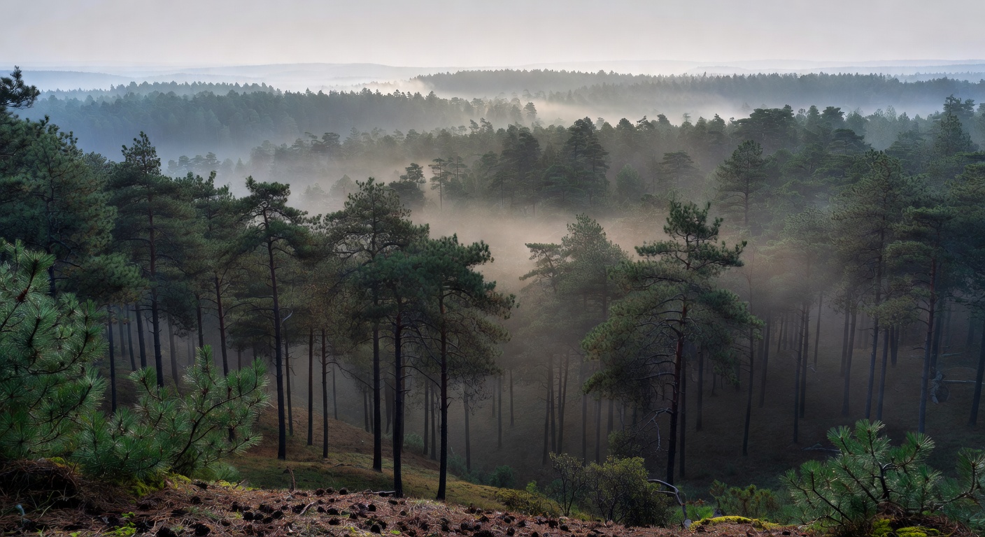 Misty morning view of an expansive pine forest