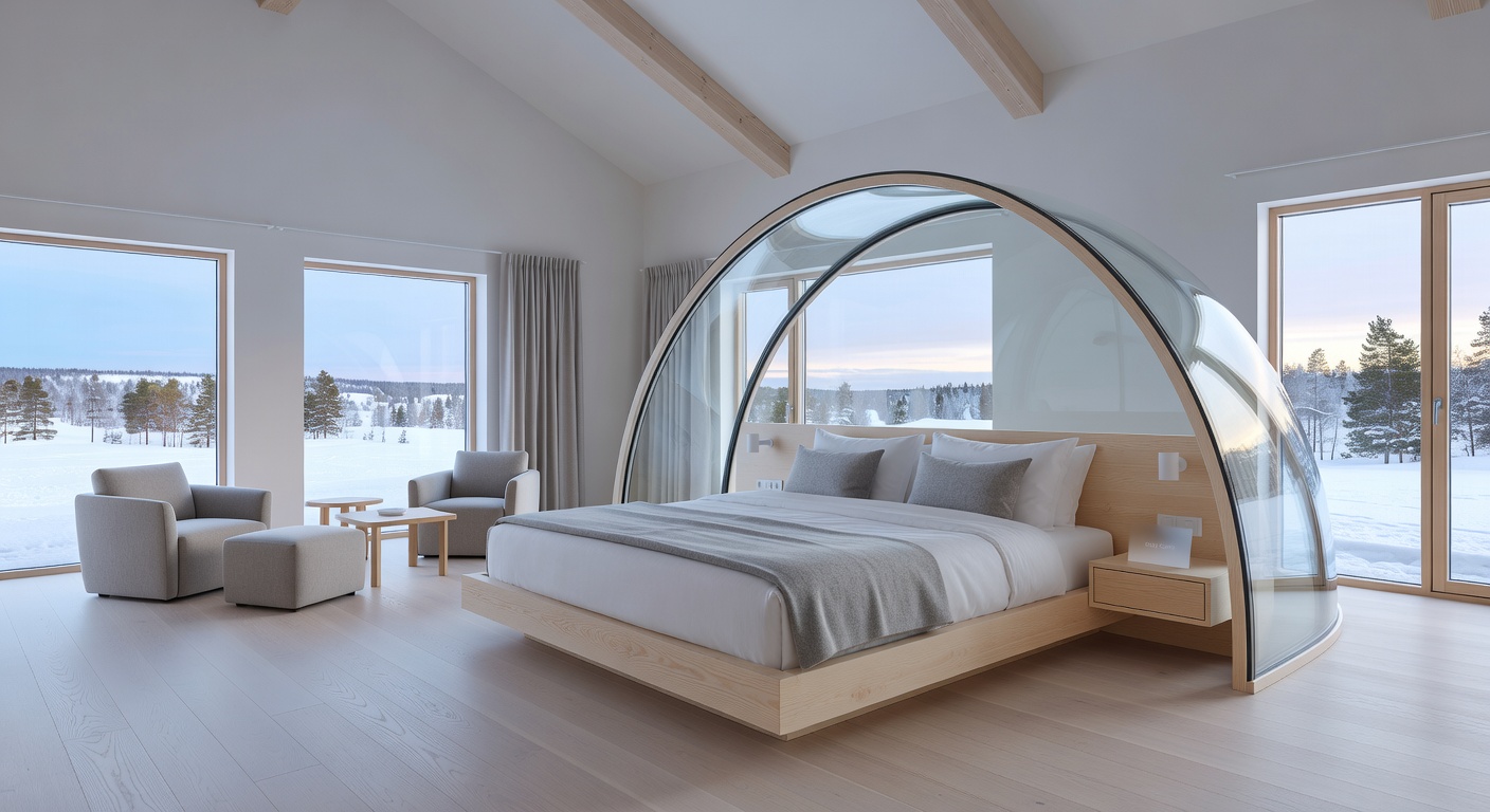 Spacious, minimalist interior of a luxury Nordic hotel suite